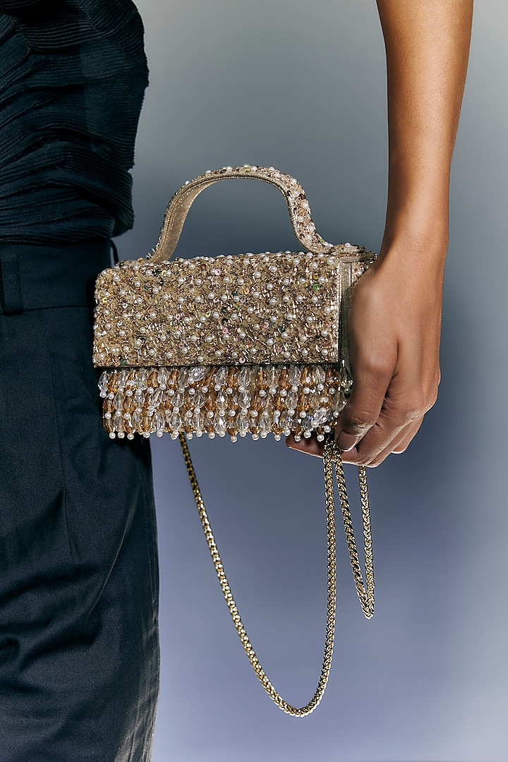 Rose Gold Faux Leather Pearl Embellished Clutch by BEAU MONDE at Pernia's Pop Up Shop