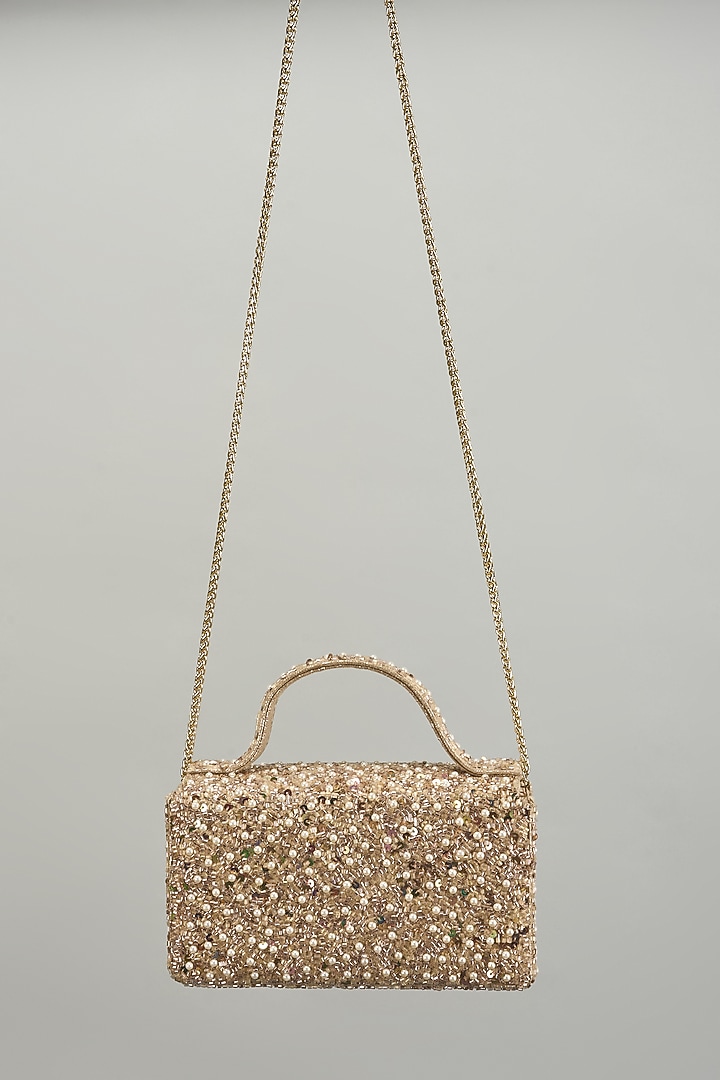 Rose Gold Faux Leather Pearl Embellished Clutch by BEAU MONDE at Pernia's Pop Up Shop