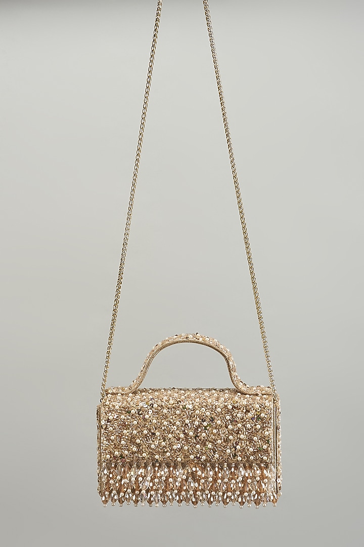 Rose Gold Faux Leather Pearl Embellished Clutch by BEAU MONDE at Pernia's Pop Up Shop