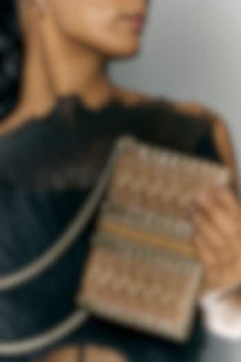 Jute Beige Faux Leather Metal Stud Lace Clutch by BEAU MONDE at Pernia's Pop Up Shop