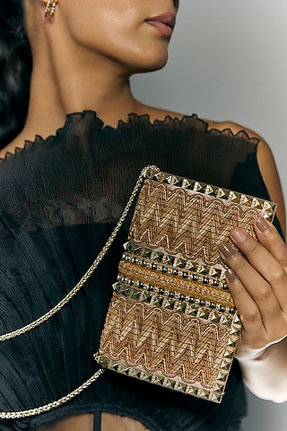 Jute Beige Faux Leather Metal Stud Lace Clutch by BEAU MONDE