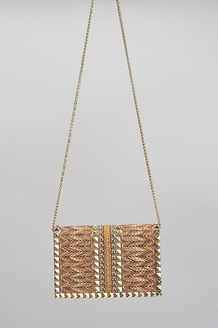 Jute Beige Faux Leather Metal Stud Lace Clutch by BEAU MONDE at Pernia's Pop Up Shop