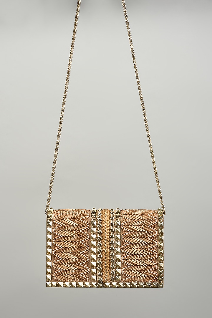 Jute Beige Faux Leather Metal Stud Lace Clutch by BEAU MONDE at Pernia's Pop Up Shop