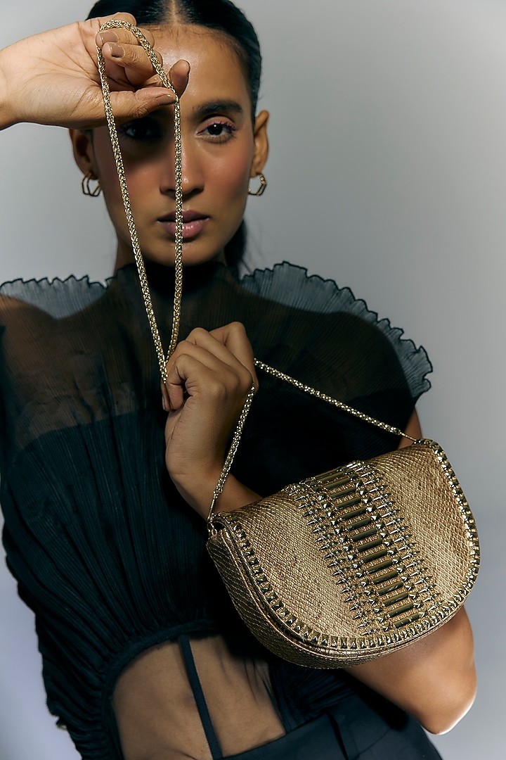 Bronze Gold Faux Leather Metal Stud Lace Clutch by BEAU MONDE at Pernia's Pop Up Shop