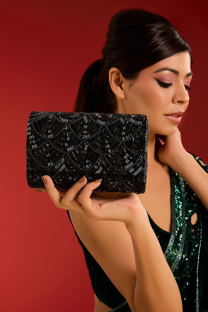 Black Velvet Crystal & Beads Embellished Handcrafted Clutch by BEAU MONDE at Pernia's Pop Up Shop
