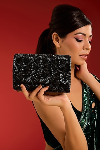 Black Velvet Crystal & Beads Embellished Handcrafted Clutch by BEAU MONDE