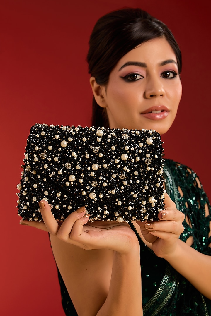 Black Velvet Crystal & Beads Embellished Handcrafted Clutch by BEAU MONDE at Pernia's Pop Up Shop