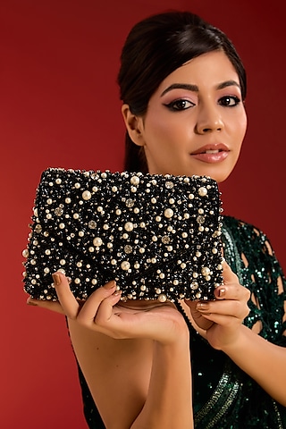 Black Velvet Crystal & Beads Embellished Handcrafted Clutch by BEAU MONDE