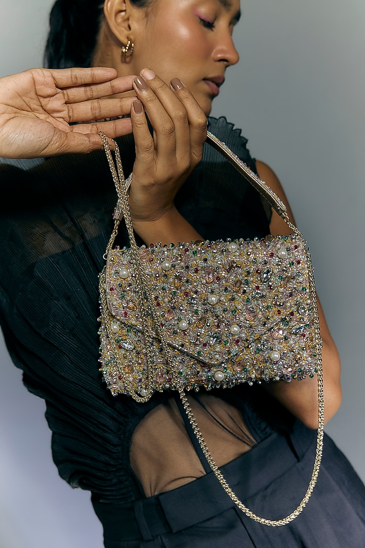 Multi-Colored Vegan Leather Crystal Work Clutch by BEAU MONDE at Pernia's Pop Up Shop