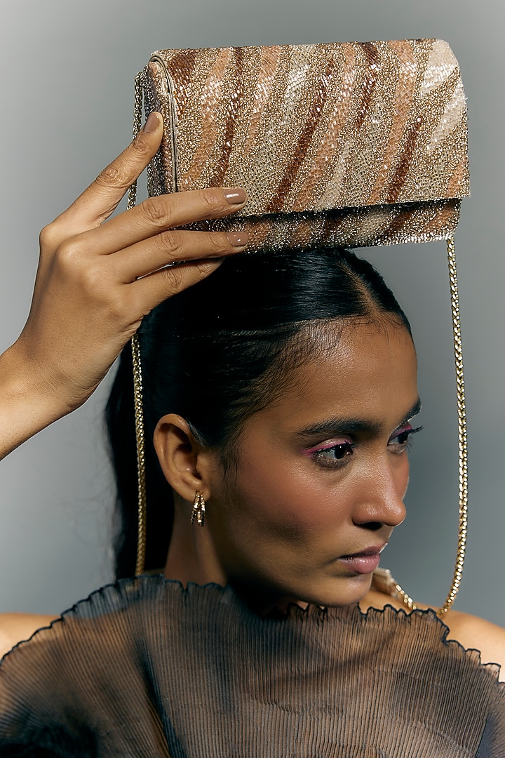 Golden Faux Leather Crystal Embellished Clutch by BEAU MONDE at Pernia's Pop Up Shop