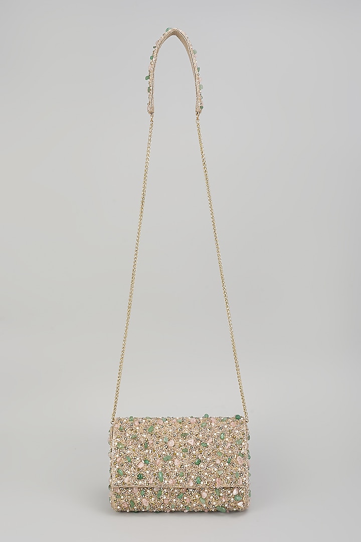 Green Vegan Leather Crystal Work Handcrafted Clutch by BEAU MONDE at Pernia's Pop Up Shop