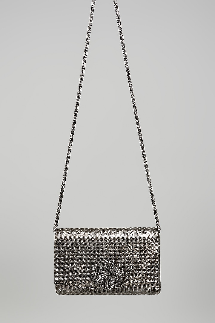 Black Faux Leather Crystal Knot Work Sling Bag by BEAU MONDE at Pernia's Pop Up Shop