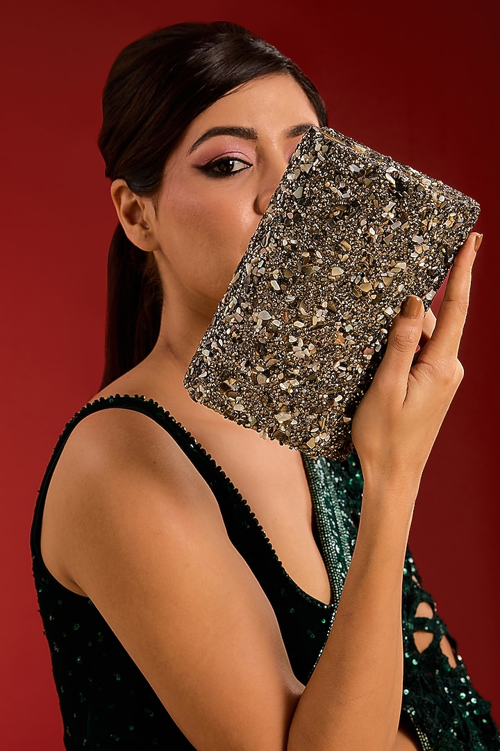 Metallic Grey Vegan Leather Crystal & Beads Work Handcrafted Clutch by BEAU MONDE at Pernia's Pop Up Shop