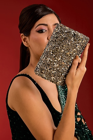 Metallic Grey Vegan Leather Crystal & Beads Work Handcrafted Clutch by BEAU MONDE