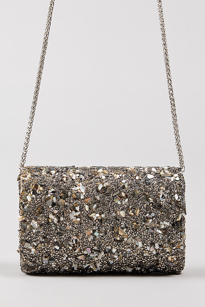 Metallic Grey Vegan Leather Crystal & Beads Work Handcrafted Clutch by BEAU MONDE at Pernia's Pop Up Shop