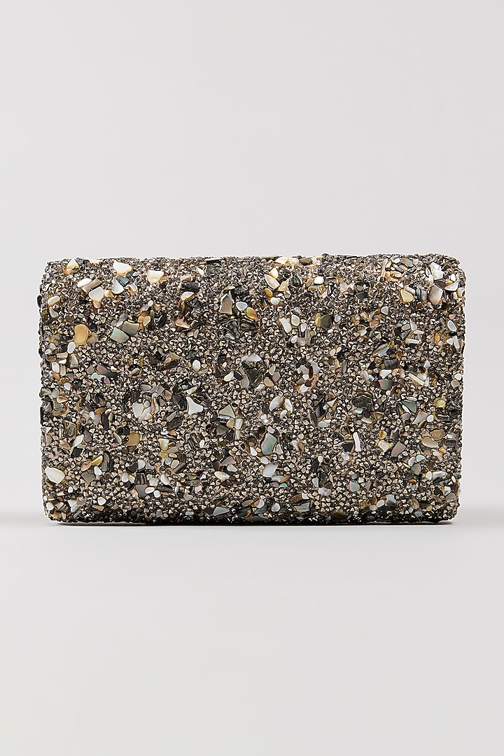 Metallic Grey Vegan Leather Crystal & Beads Work Handcrafted Clutch by BEAU MONDE at Pernia's Pop Up Shop