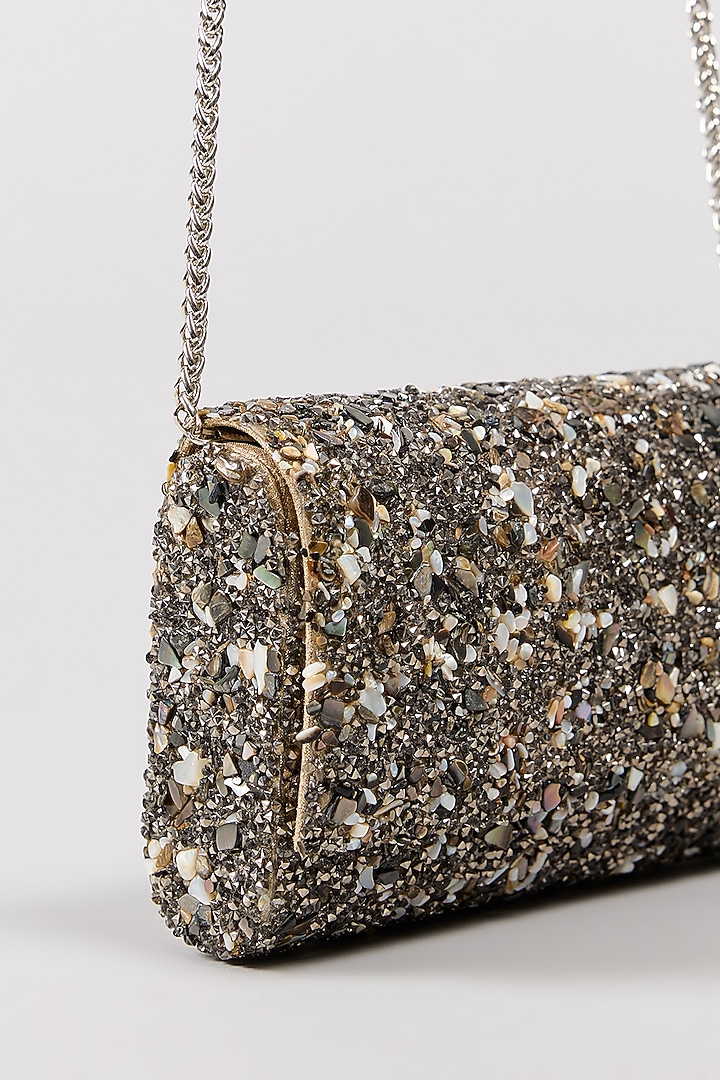 Metallic Grey Vegan Leather Crystal & Beads Work Handcrafted Clutch by BEAU MONDE at Pernia's Pop Up Shop