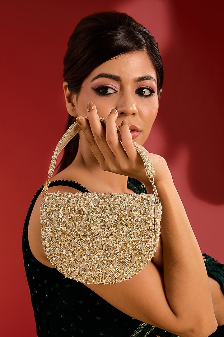 Ivory Vegan Leather Crystal & Beads Work Handcrafted Clutch by BEAU MONDE at Pernia's Pop Up Shop