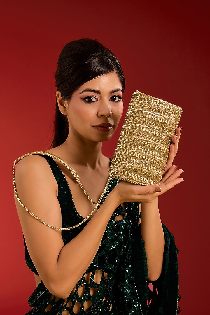 Gold Vegan Leather Crystal & Beads Work Handcrafted Clutch by BEAU MONDE at Pernia's Pop Up Shop