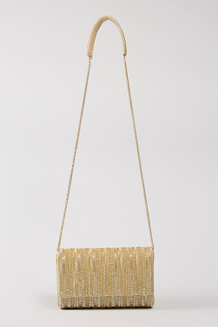 Gold Vegan Leather Crystal & Beads Work Handcrafted Clutch by BEAU MONDE at Pernia's Pop Up Shop