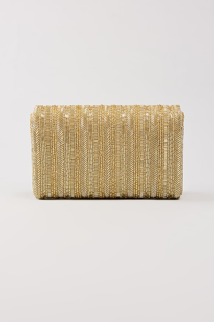 Gold Vegan Leather Crystal & Beads Work Handcrafted Clutch by BEAU MONDE at Pernia's Pop Up Shop