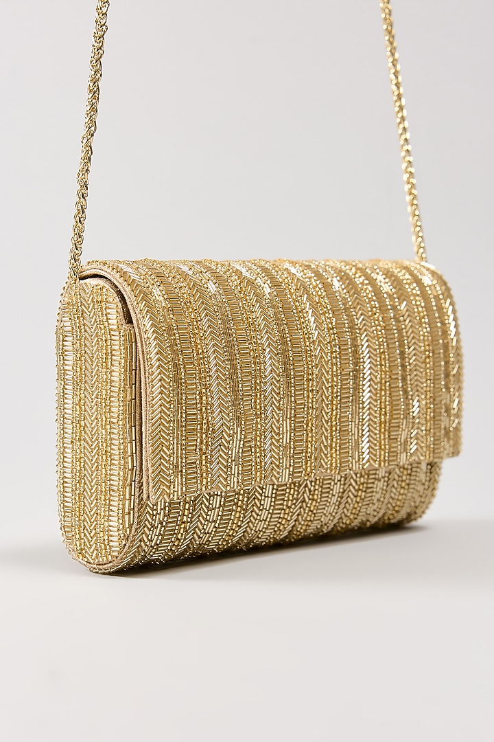 Gold Vegan Leather Crystal & Beads Work Handcrafted Clutch by BEAU MONDE at Pernia's Pop Up Shop