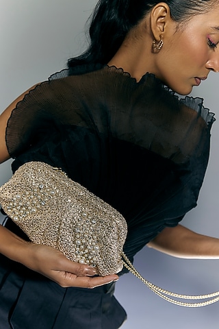 Golden Satin Hand Embroidered Pouch by BEAU MONDE