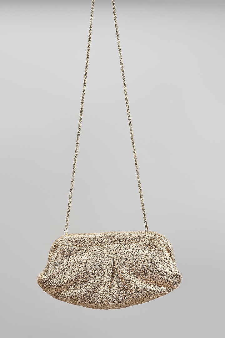 Golden Satin Hand Embroidered Pouch by BEAU MONDE at Pernia's Pop Up Shop