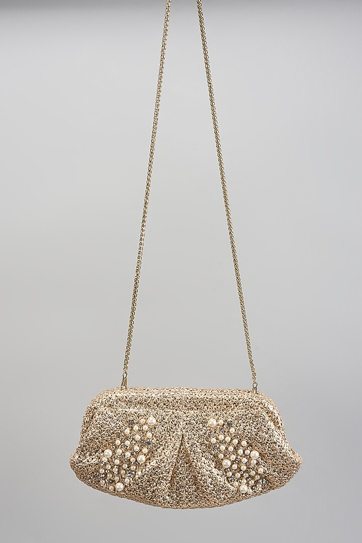 Golden Satin Hand Embroidered Pouch by BEAU MONDE at Pernia's Pop Up Shop