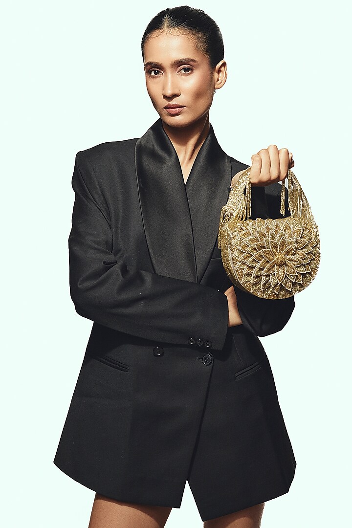 Gold Faux Leather & Satin Clutch by BEAU MONDE at Pernia's Pop Up Shop