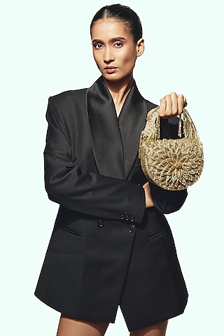 Gold Faux Leather & Satin Clutch by BEAU MONDE