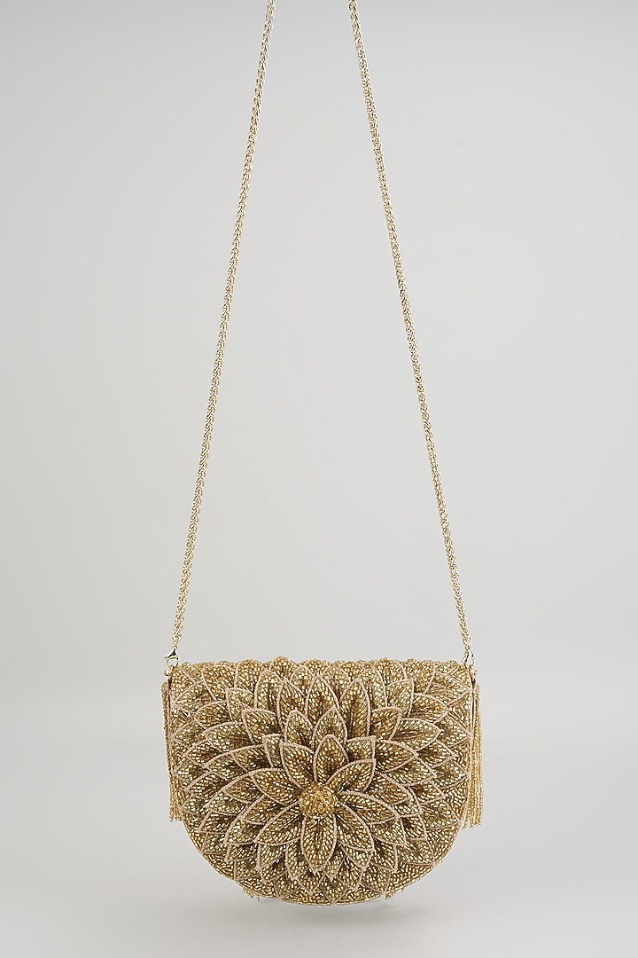 Gold Faux Leather & Satin Clutch by BEAU MONDE at Pernia's Pop Up Shop