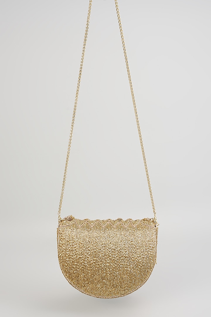 Gold Faux Leather & Satin Clutch by BEAU MONDE at Pernia's Pop Up Shop