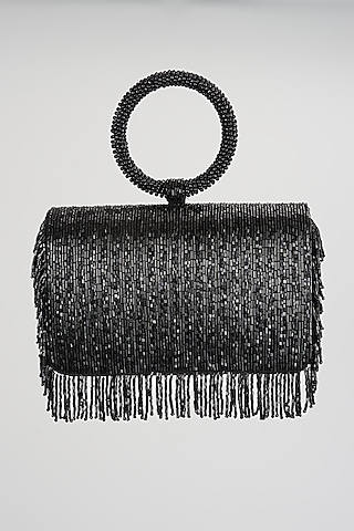 Black Shimmer Faux Leather Clutch Bag by BEAU MONDE