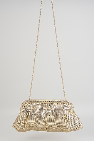 Metallic Gold Mesh Clutch Bag by BEAU MONDE