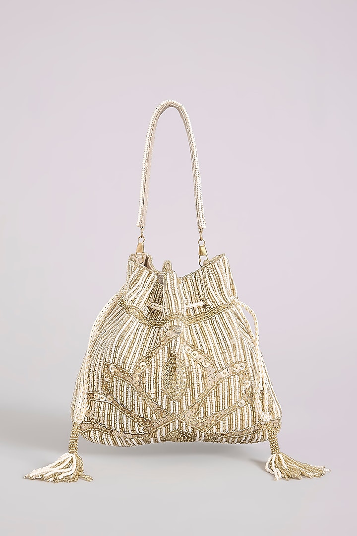 White Gold Shimmer Faux Leather Potli by BEAU MONDE at Pernia's Pop Up Shop