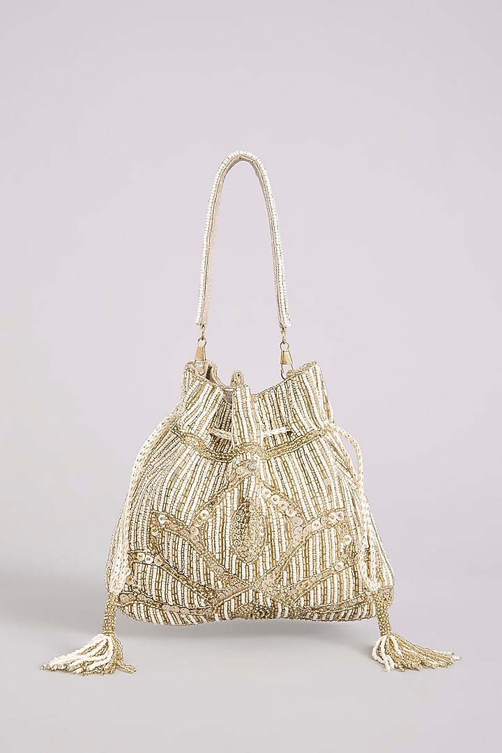 White Gold Shimmer Faux Leather Potli by BEAU MONDE at Pernia's Pop Up Shop