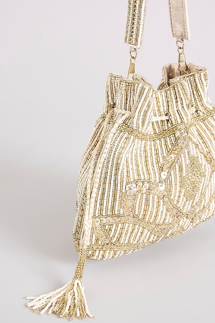 White Gold Shimmer Faux Leather Potli by BEAU MONDE at Pernia's Pop Up Shop