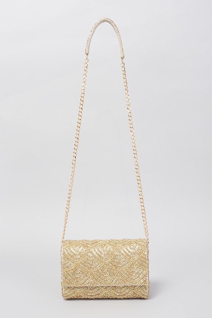 Gold Shimmer Faux Leather Embellished Clutch Bag by BEAU MONDE at Pernia's Pop Up Shop