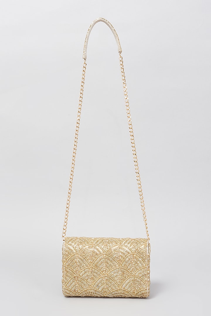 Gold Shimmer Faux Leather Embellished Clutch Bag by BEAU MONDE at Pernia's Pop Up Shop