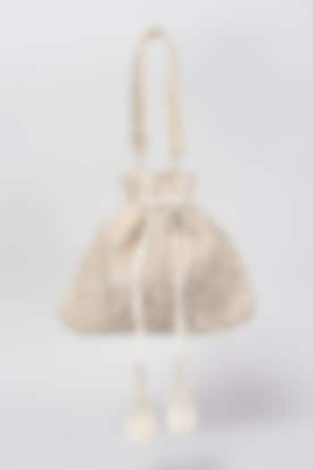 Silver Shimmer Faux Leather Embellished Potli Bag by BEAU MONDE