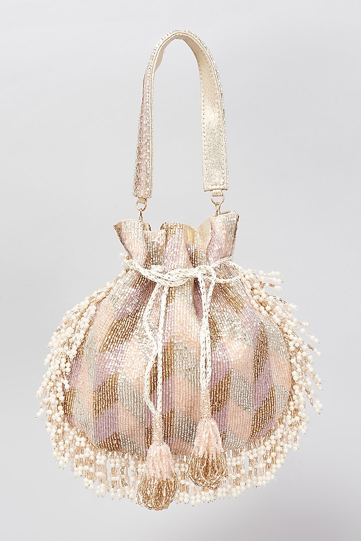 Rose Gold Shimmer Faux Leather Embellished Potli Bag by BEAU MONDE at Pernia's Pop Up Shop