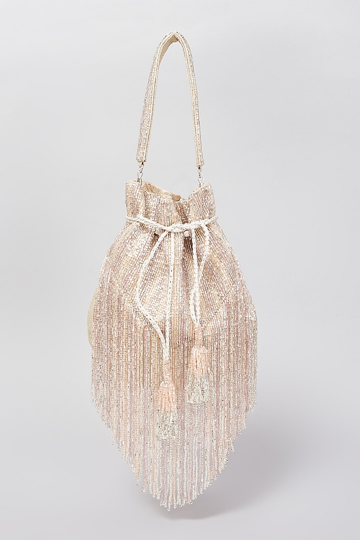 Rose Gold Shimmer Faux Leather Embellished Potli Bag by BEAU MONDE