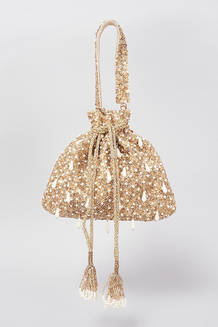 Gold Shimmer Faux Leather Embellished Potli Bag by BEAU MONDE