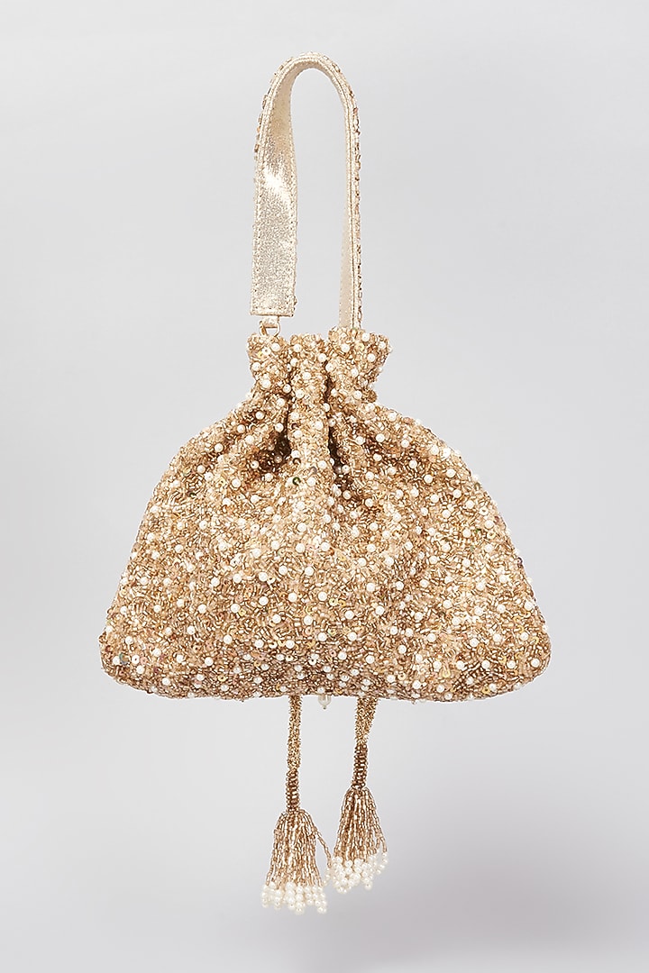 Gold Shimmer Faux Leather Embellished Potli Bag by BEAU MONDE at Pernia's Pop Up Shop