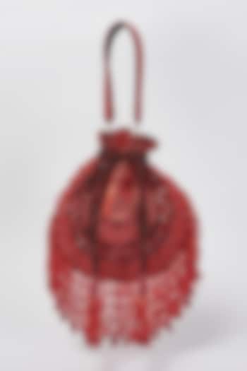 Red Velvet Embellished Potli Bag by BEAU MONDE