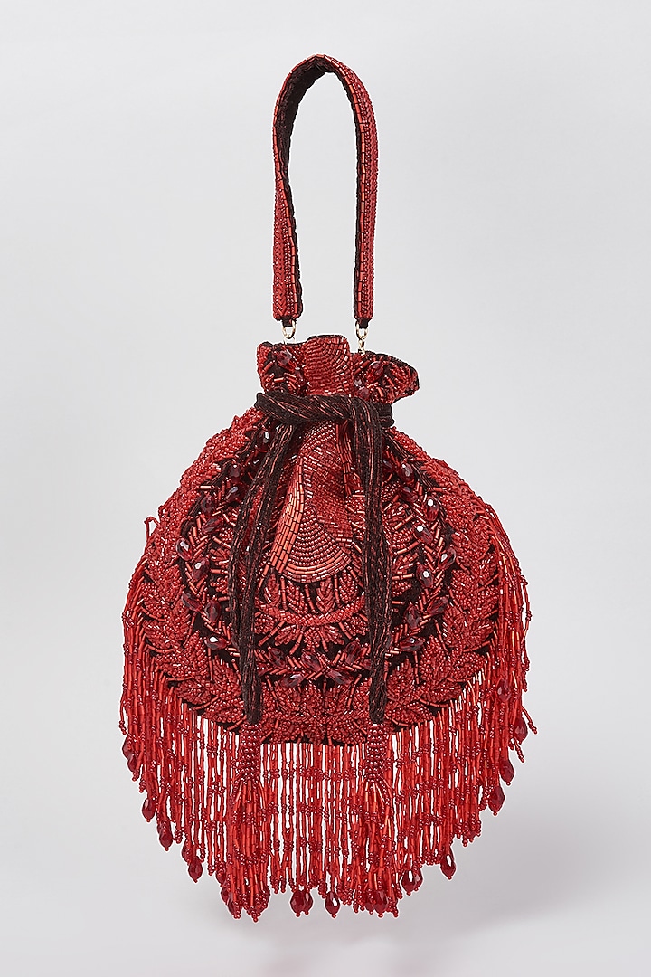 Red Velvet Embellished Potli Bag by BEAU MONDE