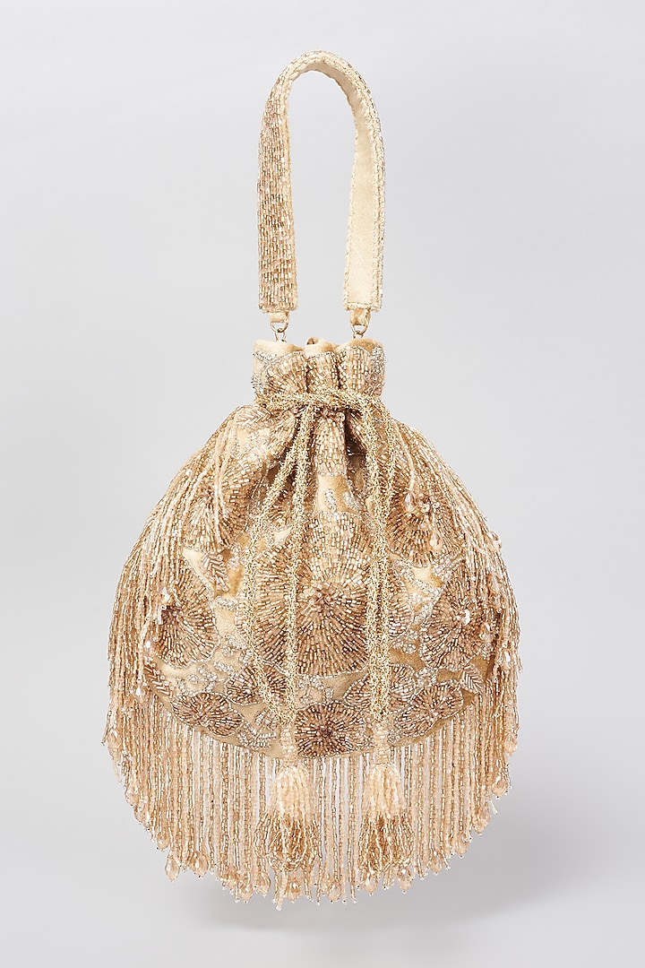 Gold Velvet Embellished Potli Bag by BEAU MONDE