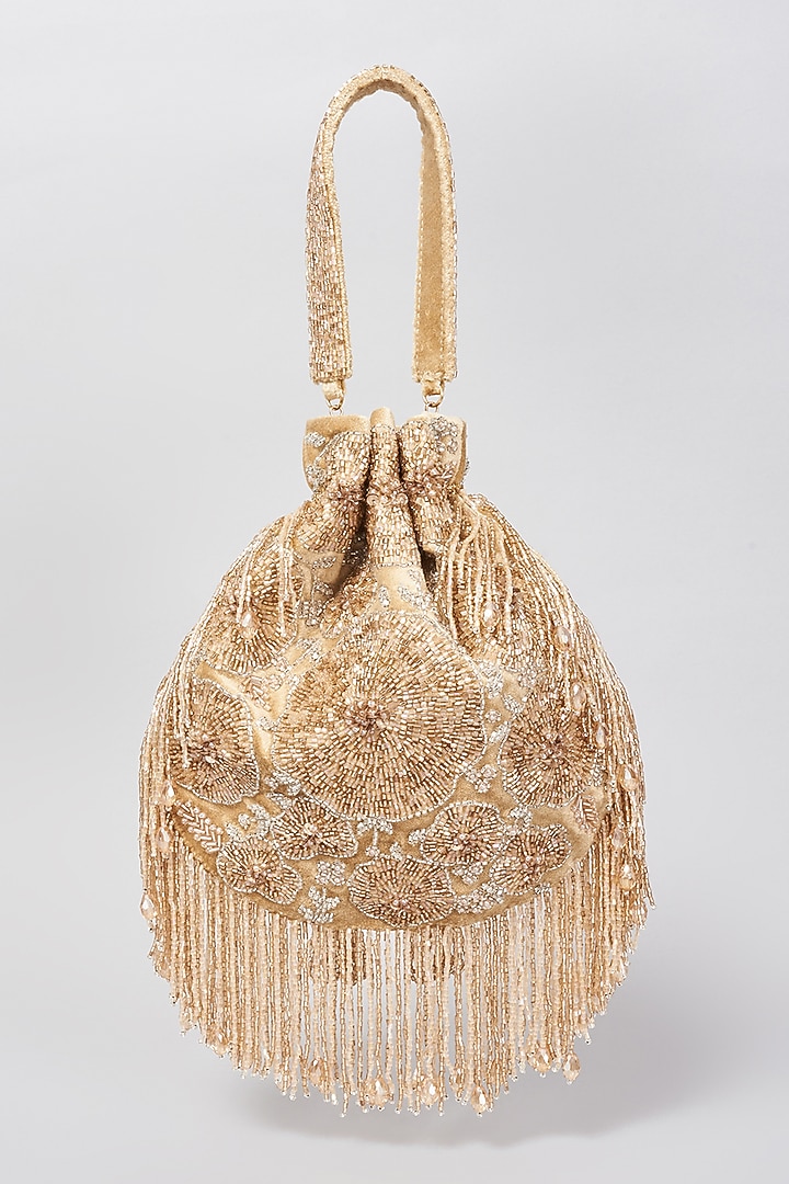 Gold Velvet Embellished Potli Bag by BEAU MONDE at Pernia's Pop Up Shop