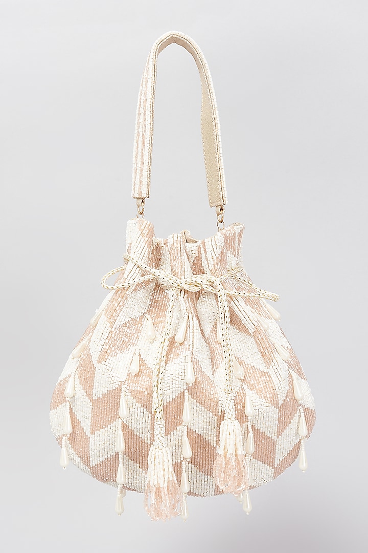Ivory Shimmer Faux Leather Embellished Potli Bag by BEAU MONDE